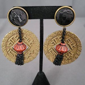 Steampunk Womens Gold Tone Round Metal Black Rope Fashion Dangle Earrings 3 in